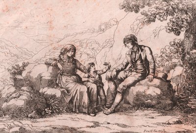 Dois plebeus com um bebê, Schiavi, Abruzzo, gravura de Bartolomeo Pinelli (Roma de Bartolomeo Pinelli