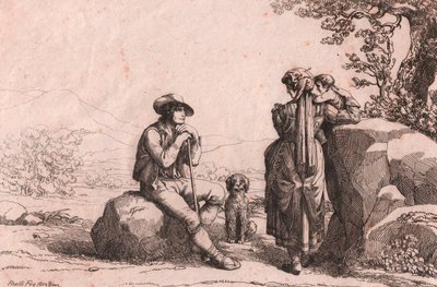 Dois plebeus com um bebé e um cão em Fraine, Abruzzo, gravura de Bartolomeo Pinelli (Roma de Bartolomeo Pinelli
