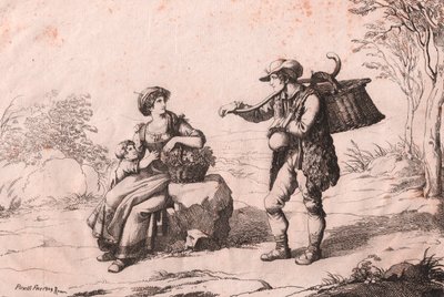 Mulher de Pietra Terrazzana em trajes tradicionais, Abruzzo, e gioncataro (vendedor de queijo caciotte), gravura de Bartolomeo Pinelli (Roma). de Bartolomeo Pinelli