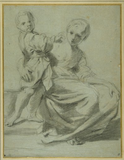 Mãe e filho (giz preto com lavagem castanha na carta azzurra) de Bartolomeo Schedoni