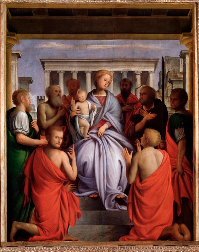 Madonna col Bambino e otto santi (Virgem e Criança com oito santos, Madonna e Criança com oito santos) Pintura de Bartolommeo Suardi disse o Bramantino (1465-1530) 1515-1520 Dim 214x104 cm Florença, Palazzo Pitti de Bartolomeo Suardi Bramantino