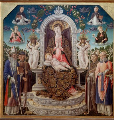 Virgem e Filho no trono rodeado por Santo Agostinho, São Roch, São Luís de Toulouse (Anjou), São Nicolau de Mira e no céu Santa Catarina, Santa Domingas, São Pedro Mártir (Verona) e Santa Maria Madalena (Virgem com filhos com de Bartolomeo Vivarini