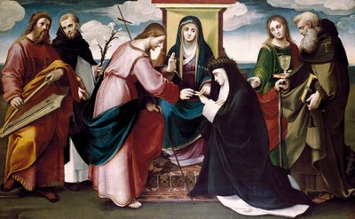 O casamento místico de Santa Catarina de Sena com Cristo, e os Santos João Baptista, António Abate, Domingos, Rei David e a Virgem Maria, c. 1517 (óleo sobre painel) de Bartolomeo called Bagnacavallo Ramenghi