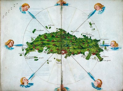 Isolário, em verso, com desenhos a cores e uma carta do Mediterrâneo oriental sobre velino, c.1480 (desenho sobre velino) de Bartolomeo da li Sonetti