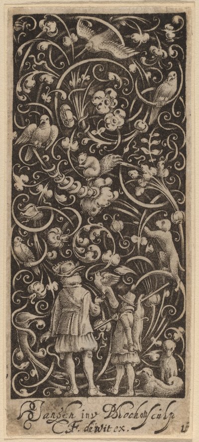 Ornamento com folhagens e pássaros de Bartolomeus van Lochom after Hans Janssen