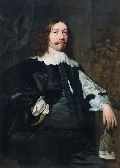 Retrato de um homem de preto com uma luva na mão de Bartolomeus van der Helst