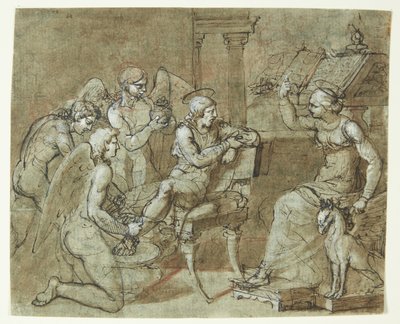 Um santo masculino é lavado e cuidado por anjos enquanto ouve uma santa sentada em frente a um púlpito e apontando para cima. O São Sebastião no St. Irene? de Bartolommeo Letterini