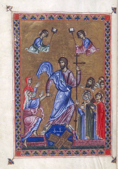 Egerton 1139, f.9v Harrowing of Hell, ilustração do "Saltério da Rainha Melisende", Jerusalém c.1131-40 (tinta, cor e ouro sobre o velo) de Basilius Basilius