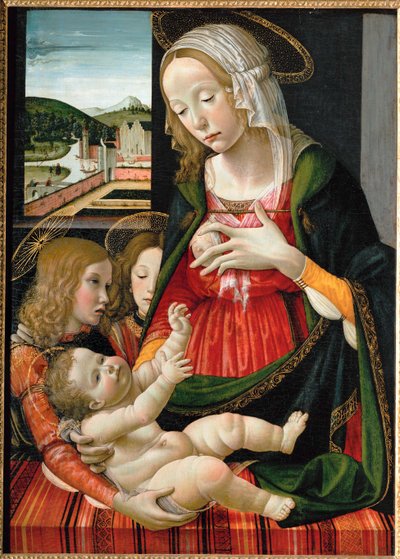 Madona amamentando o menino Jesus, rodeada de anjos ... (pintura sobre madeira) de Bastiano Mainardi