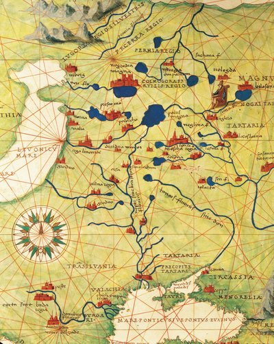 Europa Oriental e Ásia Central: Transilvânia e Rússia, a partir do Atlas do Mundo em trinta e três mapas, por Battista Agnese de Battista Agnese