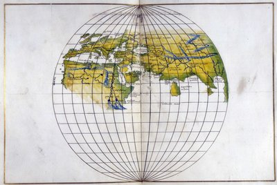 Eger. 2854. f.14v-15 Mapa hemisférico do Velho Mundo, da Europa e África à Índia; mostrando as divisões de Ptolomeu, c.1540 (velino) de Battista Agnese