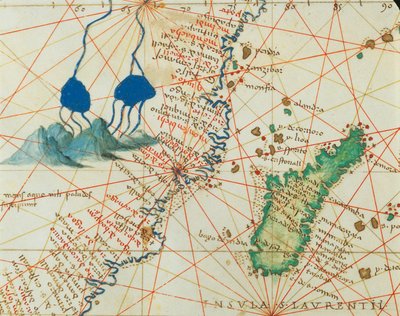 O Oceano Índico e parte da Ásia e África: nascente do rio Nilo e Madagascar, do Atlas do Mundo em trinta e três mapas, por Battista Agnese de Battista Agnese