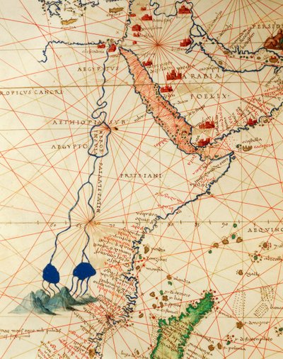O Oceano Índico e parte da Ásia e África: o curso do rio Nilo, a partir do Atlas do Mundo em trinta e três Mapas, por Battista Agnese de Battista Agnese