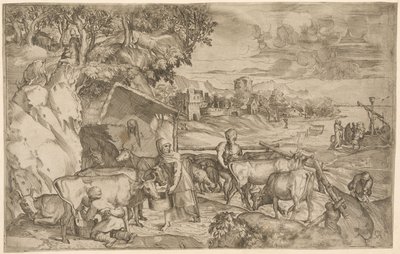 Paisagem com gado de Battista Angolo del Moro