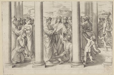 São Pedro e João curam um paralítico num templo de Battista Franco