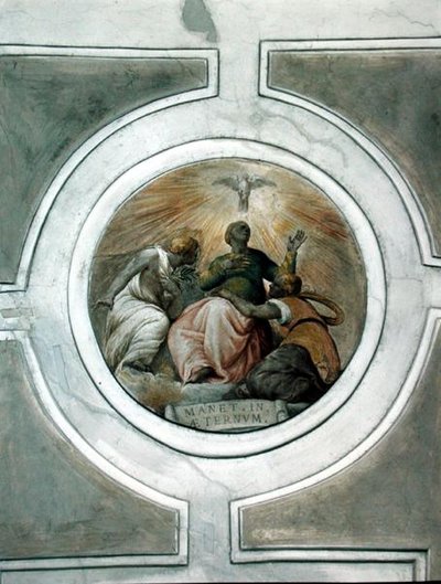Representação de uma das Virtudes, detalhe do tecto da Capela Grimani (fresco) de Battista Franco
