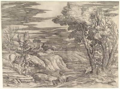 Paisagem com um cavaleiro e seu noivo, c. 1552-61. de Battista Franco Veneziano
