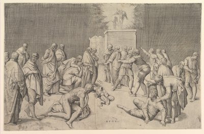 Os filisteus colocam a Arca da Aliança no Templo de Dagon, ca. 1540. de Battista Franco Veneziano