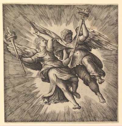 Dois anjos ou gênios alados carregando tochas. de Battista Franco Veneziano