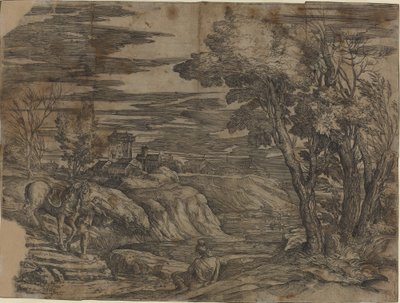 Paisagem com um homem conduzindo um cavalo de Battista Franco, after Titian