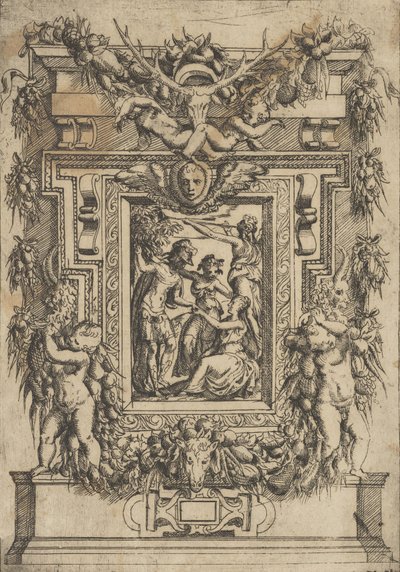 Um jovem oferece a mão a uma mulher sentada, outra mulher fica entre eles e..., ca. 1540-80. de Battista del Moro