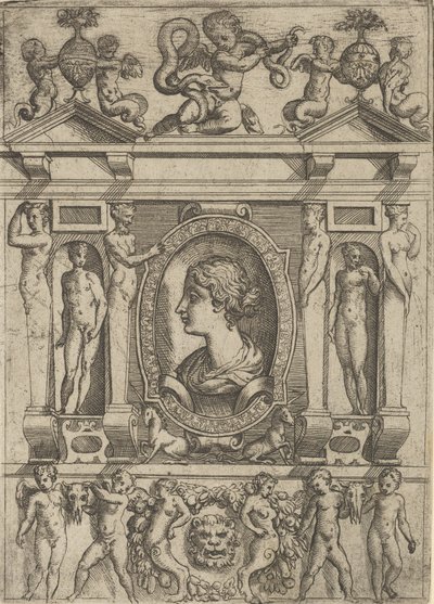 Busto de mulher de perfil virado para a esquerda, inserido em moldura elaborada com figuras em n..., c. 1540-80. de Battista del Moro