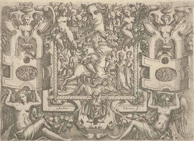 Figura a cavalo segurando uma espada e cavalgando sobre uma figura deitada no chão, s..., c. 1540-80. de Battista del Moro