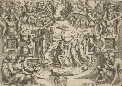 Quatro mulheres cercando uma figura sentada, um pássaro acima delas, dentro de um elaborado ..., ca. 1540-80. de Battista del Moro