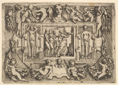 A sibila cumeia caminhando para a direita e carregando uma bandeja, seguida por três mulheres..., ca. 1540-80. de Battista del Moro