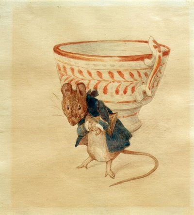 Mr. Mouse se inclina na frente de uma xícara de chá de Beatrix Potter
