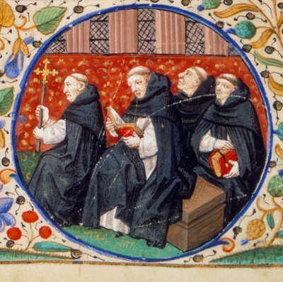 Cena de vida monástica. Detalhe representando os monges da Ordem dos Dominicanos. Miniatura tirada do "Livro de horas de acordo com o uso de Paris", iluminado pela oficina do Mestre de Bedford. 1450. Paris, B.N. de Bedford Master Workshop
