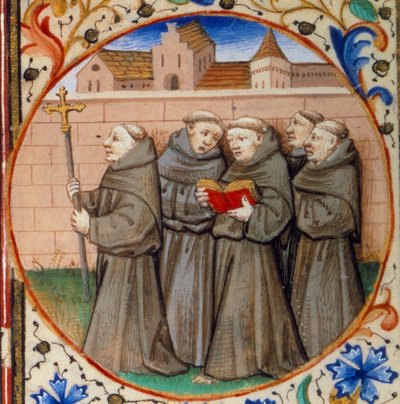 Cena de vida monástica. Detalhe representando os monges da Ordem dos Franciscanos. Miniatura tirada do "Livro de horas segundo o uso de Paris", iluminado pela oficina do Mestre de Bedford. 1450. Paris, B.N. de Bedford Master Workshop