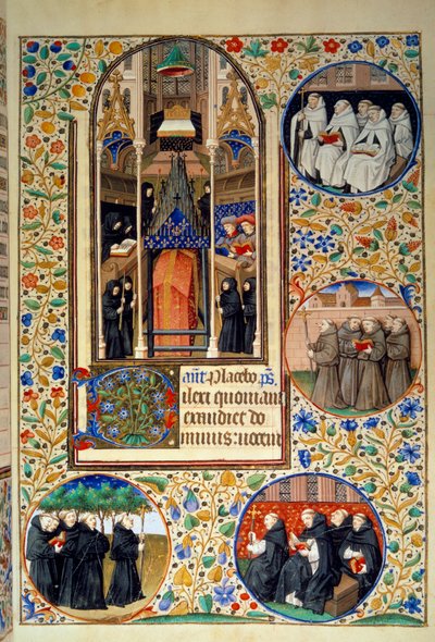 Cena de vida monástica. Nos medalhões, de cima para baixo, os Carmes, Franciscanos, Dominicanos, Agostinianos (esquerda). Miniatura tirada do "Livro de horas segundo o uso de Paris", iluminado pela oficina do Mestre de Bedford. 1450. Paris, B.N. de Bedford Master Workshop