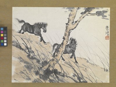 Two Horses On Hillside, início de 1900 (tinta e cor sobre papel) de Beihong Xu