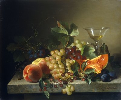 Natureza morta com frutas em uma borda de pedra, 1858 de Bela Schaffer