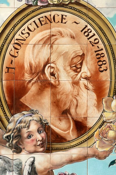 Interior do bar (Café "Local Unique"). Painel cerâmico. Cerâmica Helman Bruxelas. de Belgian School