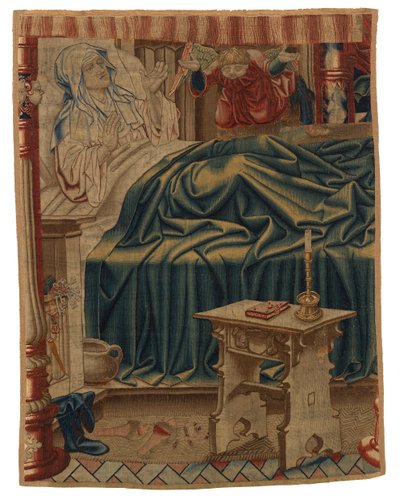 Beatrix Soetkens na cama, da primeira cena da primeira tapeçaria de um conjunto de quatro representando a "Lenda de Nossa Senhora de Sablon", feita em Bruxelas, Bélgica de Belgian School