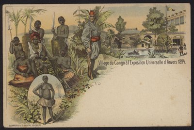 Aldeia congolesa exposta na Exposition Internationale d "Anvers, Antuérpia, Bélgica, 1894 de Belgian School