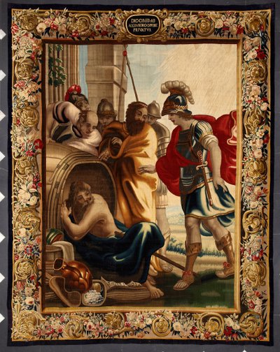 Diógenes e Alexandre: encontro entre o filósofo grego Diógenes de Sinope (413-327 a.C.) no seu barril e o rei Alexandre Magno (356-323 a.C.) em Corinto. Quando o conquistador lhe perguntou o que queria, Diógenes respondeu: "Tirar um pouco do meu sol". Toqu de Belgian School