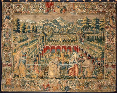 Cena de colheita de frutos. Tapeçaria das manufacturas de Bruxelas. Século XVI Genes, Musei di Strada Nuova de Belgian School