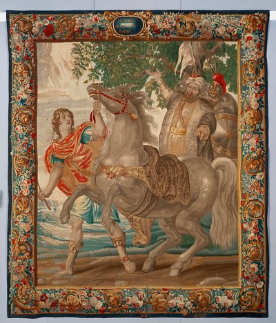 O rei Alexandre, o Grande, domina o cavalo Bucéfalo. Tapeçaria fabricada nas manufacturas de Bruxelas. Século XVI Genes, Musei di Strada Nuova de Belgian School
