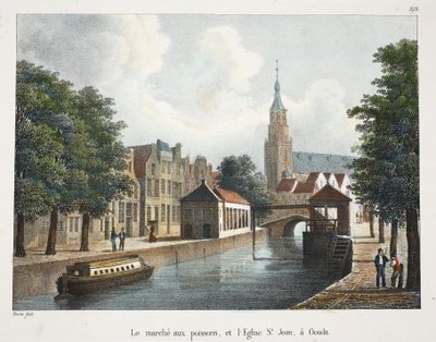 O mercado de peixe, e a igreja de St Jean em Gouda, c.1895 (photochrom) de Belgian School