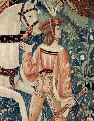 Idade Média: o início da caça ao falcão, a cavalo. Detalhe de uma tapeçaria de seda e lã do início do século XVI. De Hainaut. Paris, Museu Nacional da Idade Média, Termas de Cluny de Belgian School