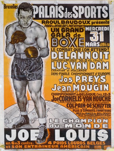 Cartaz publicitário da luta de boxe entre o campeão belga, Delannoit e o campeão holandês, Luc Van Dam de Belgian School