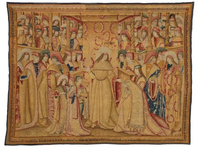 Tapeçaria, Jonathan Maccabeus recebendo um manto púrpura, feita em Bruxelas, Bélgica, cerca de 1490-1500 (lã e seda) de Belgian School