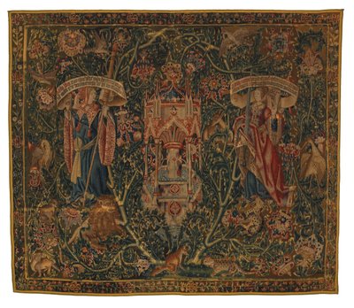 Tapeçaria, Sibylla Libya e Europa (uma de um conjunto de seis Sibilas, compreendendo 46.134 a 46.139) denominada "Tapeçarias Rothamsted", fabricada na Flandres, Tournai ou Bruxelas, Bélgica, c.1530 (lã) de Belgian School
