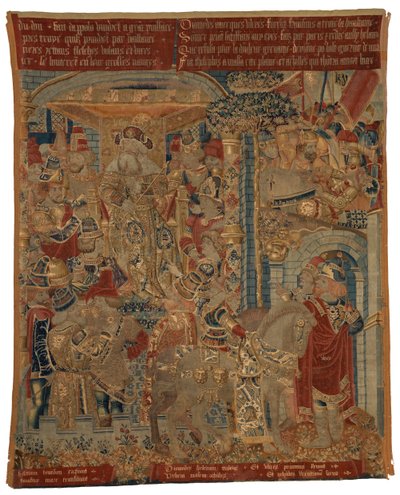 Tapeçaria, Três cenas da Guerra de Troia, ou Ulisses e Diomedes como embaixadores na corte do rei Príamo, reclamando o regresso de Helena, feita em Tournai de Belgian School