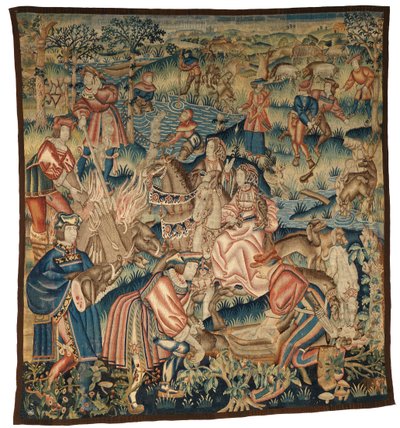 Tapeçaria representando cenas após uma caçada ao javali, pesca, etc. ou "Apres la Chasse", possivelmente de Tournai de Belgian School