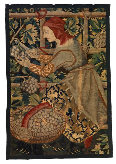 Fragmento de tapeçaria representando Vintager, possivelmente de Tournai de Belgian School
