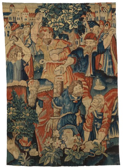 Fragmento de tapeçaria representando o apedrejamento dos anciãos, possivelmente feito em Bruxelas, Bélgica de Belgian School